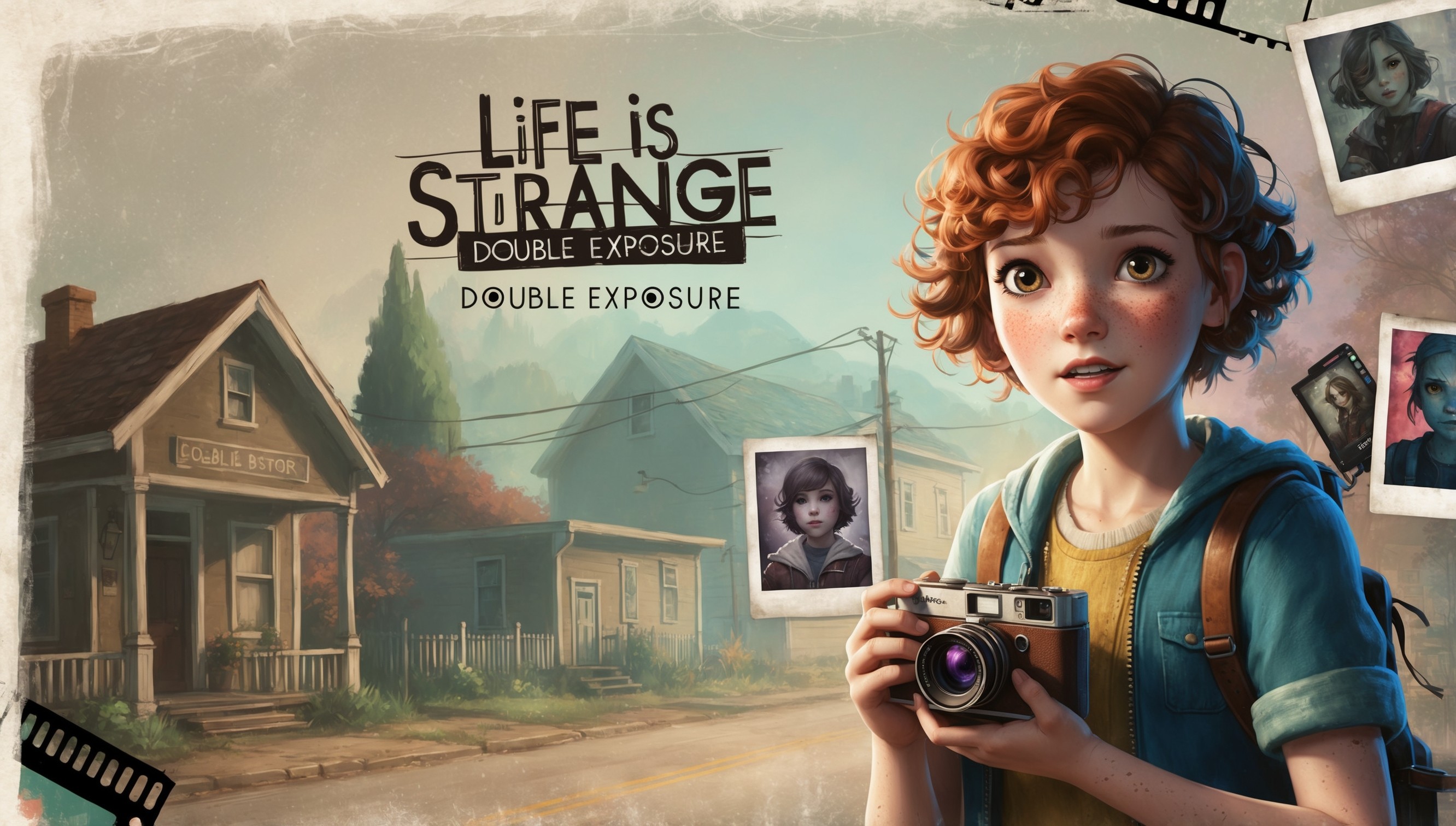 A nostalgic, narrative-driven video game-inspired image featuring Life is Strange: Double Exposure. The artwork showcases a dreamy, cinematic atmosphere, with soft, warm lighting and a mix of muted, earthy tones and vibrant, pastel hues. In the foreground, a young, adventurous protagonist with curly, auburn hair, bright, inquisitive eyes, and a hint of determination stands at the center, perhaps holding a vintage camera or notebook. The background presents a stylized, small-town setting, with hints of a mysterious, supernatural presence lurking in the shadows. Incorporate subtle visual elements from the game, such as film reels, Polaroids, or cryptic graffiti, to evoke a sense of mystery and narrative depth. The overall style blends the game's signature episodic comic book flair with a touch of indie film nostalgia, evoking a sense of introspection, self-discovery, and the blurred lines between reality and fiction.