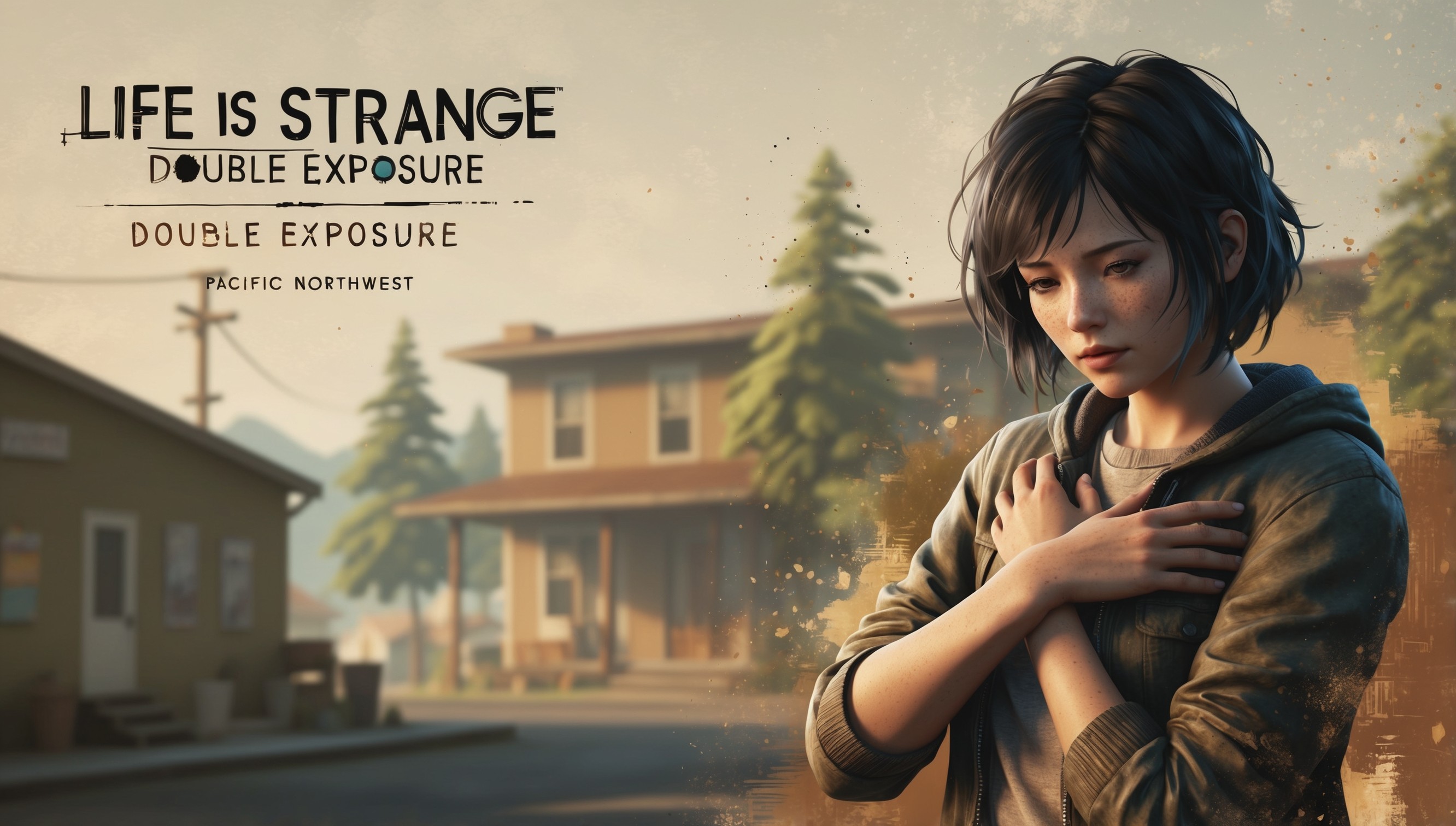 A cinematic, nostalgia-tinged illustration inspired by the video game Life is Strange: Double Exposure, set against a warm, sun-kissed backdrop of a small town in the Pacific Northwest, with a subtle film grain effect and soft focus. The scene features the game's protagonist, Alex Chen, captured in a moment of quiet contemplation, with her eyes cast downward, her dark hair tousled, and her arms crossed over her chest, conveying a sense of introspection and vulnerability. The color palette is muted, with earthy tones of olive green, beige, and rust, punctuated by splashes of warm golden light and deep blues, evoking a sense of melancholy and longing. In the background, subtle hints of the town's architecture and lush foliage add depth and texture to the composition, which is framed by a shallow depth of field to draw the viewer's attention to Alex's emotional state. The overall aesthetic is dreamy, ethereal, and hauntingly beautiful, capturing the game's themes of self-discovery and the complexity of human relationships.