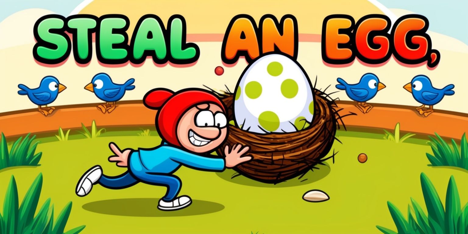 A playful, colorful game illustration titled “Steal an Egg,” featuring a mischievous cartoon character sneaking toward a large speckled egg in a bird’s nest while avoiding watchful birds and simple obstacles. Bright saturated colors, expressive faces, rounded friendly shapes, clean polished 2D game art, soft shading, and an energetic composition. Place the character and nest prominently in the center, with a lively natural background of green grass, leaves, and warm sky tones. Display the title “Steal an Egg” at the top in large bold rounded lettering, using bright contrasting colors with a subtle outline for clear readability, conveying a fun, humorous arcade-game atmosphere.