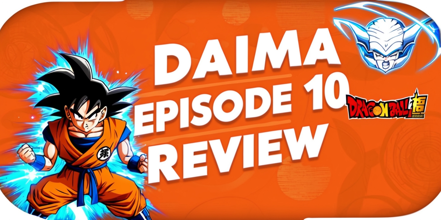 A stylized digital illustration of a Dragon Ball episode review scene, set against a vibrant orange background with subtle Japanese-inspired patterns. In the center, a bold, white font displays DAIMA Episode 10 Review in a curved line, evoking the iconic Dragon Ball logo. To the left, a dynamic, action-packed depiction of Goku in mid-battle, with intense facial expression and his iconic gi attire, surrounded by flashes of bright blue and orange ki aura. To the right, a stylized, minimalist representation of the Dragon Ball series' logo, featuring a bold, red font and a stylized dragon motif. The overall aesthetic blending traditional manga styles with modern digital elements, exuding a sense of high-energy action and excitement. The illustration is framed by a thin, white border, with subtle shading and textures to give it a dynamic, 3D appearance.