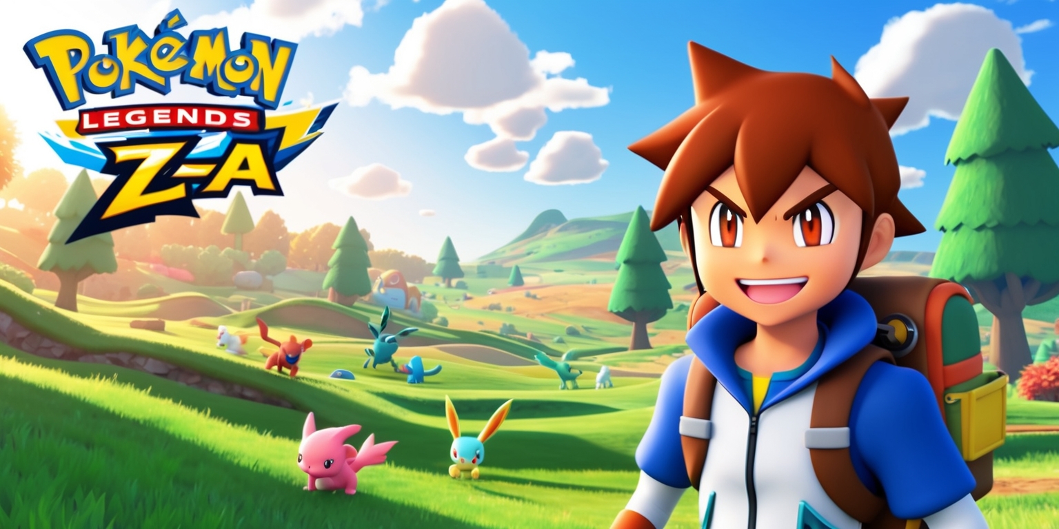 A colorful video game scene from Pokémon Legends: Z-A, featuring a vibrant landscape with rolling hills and towering trees, set against a warm sunny sky with a few puffy white clouds, with a variety of Pokémon roaming freely in the distance, and a young trainer with a determined look on their face, short brown hair, and a bright smile, wearing a sleek outfit with a utility belt and a backpack, standing heroically in the foreground, with the game's logo, a stylized font with the words Pokémon Legends: Z-A, in a bold blue and yellow color scheme, prominently displayed in the top left corner of the scene.
