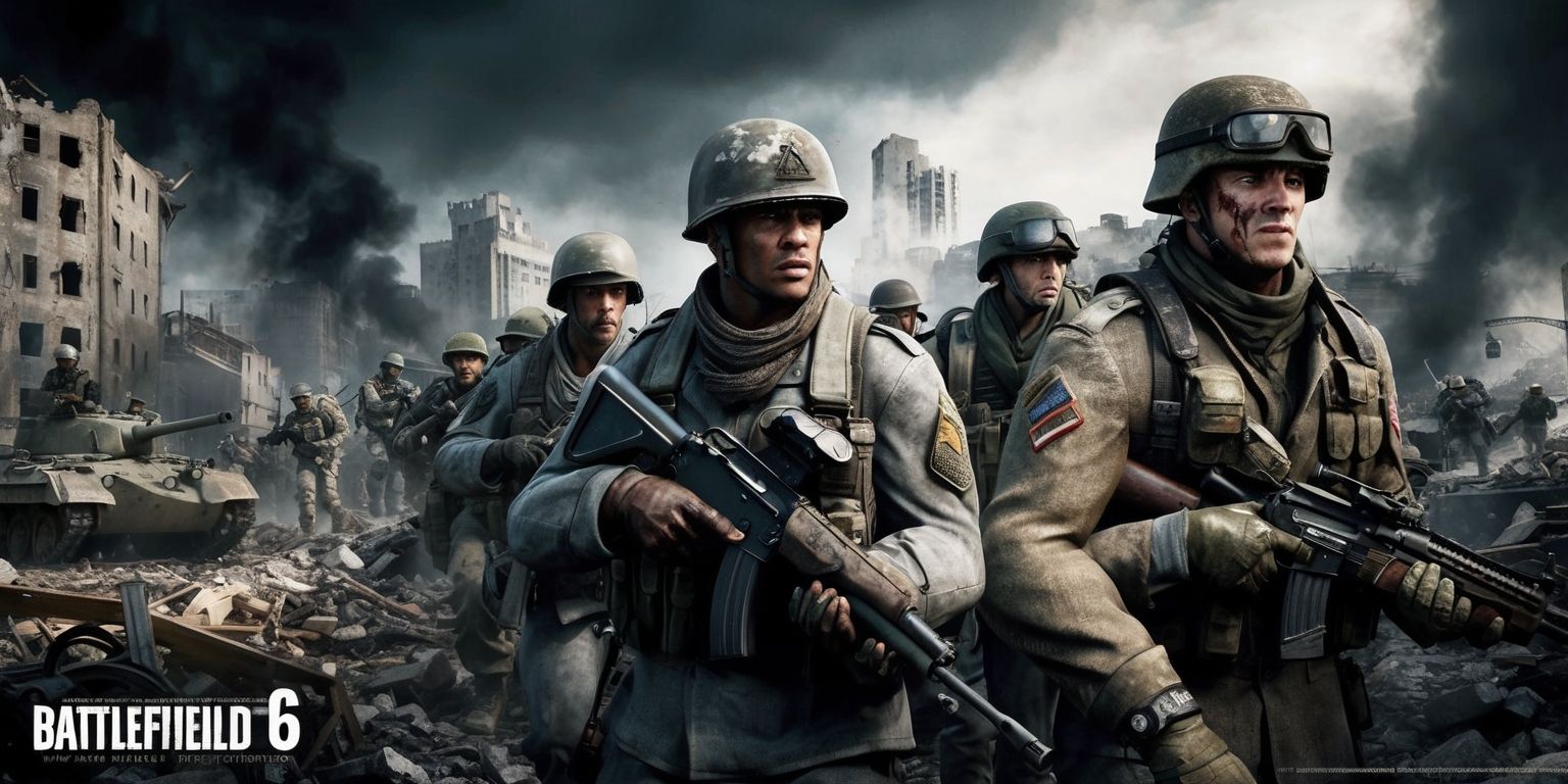 A chaotic and intense scene from the Battlefield 6 game, with soldiers in the foreground, wearing worn and tattered military uniforms, their facial features set in determined expressions, with diverse skin colors and unique attributes such as scars, helmets, and goggles, set against a backdrop of a war-torn cityscape with destroyed buildings, rubble, and debris, with military vehicles and equipment scattered throughout, under a dark and ominous sky with clouds of smoke and ash, the color palette is muted with shades of gray, brown, and green, the style is realistic with a focus on detail and texture, the layout is dynamic with characters and objects overlapping and intersecting, the framing is wide-angle to capture the scope of the battlefield, with a sense of energy and movement, and the overall aesthetic is one of chaos and destruction.