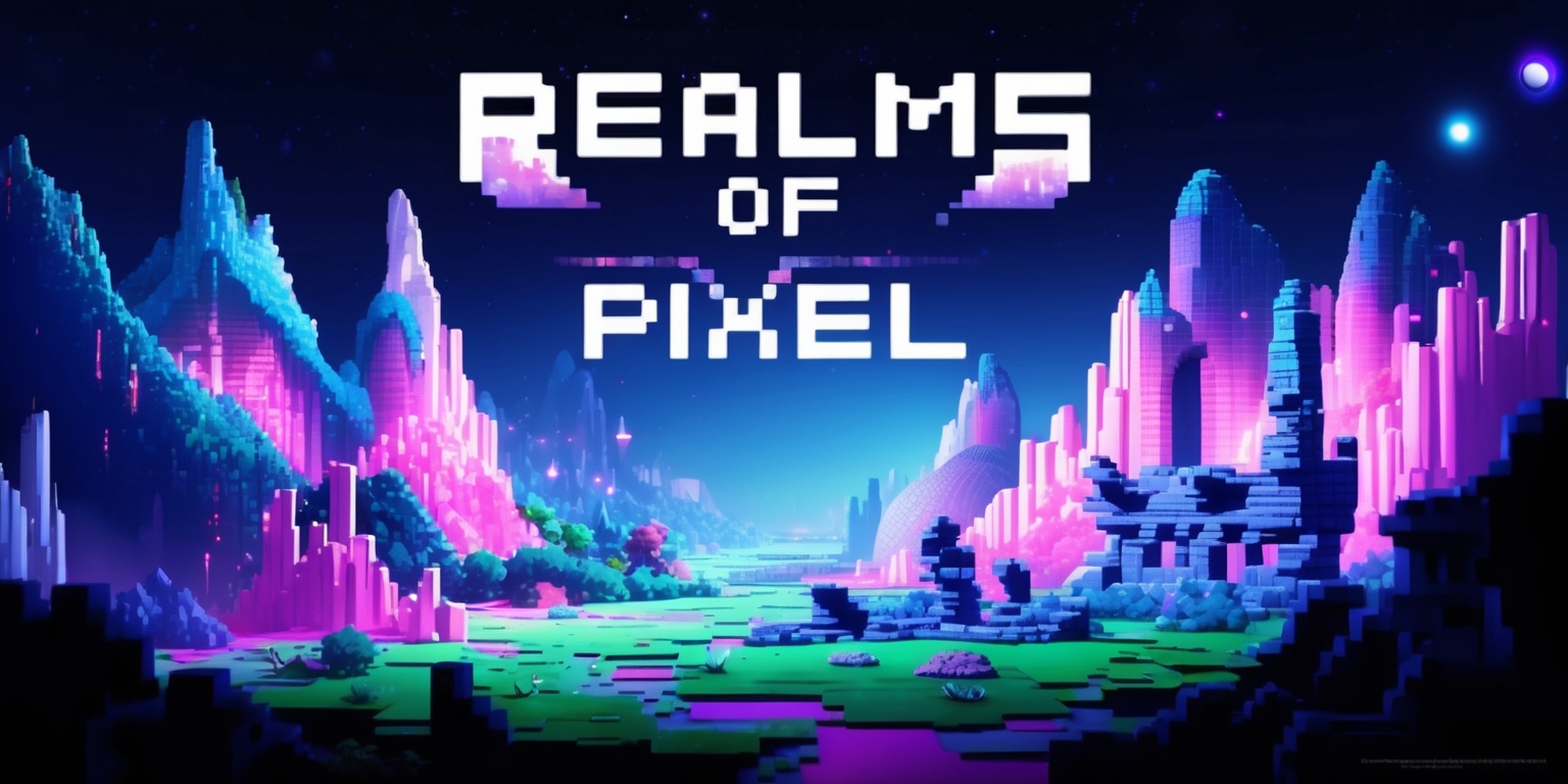A vibrant, futuristic illustration of a fantasy world, titled Realms of Pixel, where pixelated mountains, forests, and ruins blend together in a mesmerizing landscape, with glowing, neon-like colors and subtle, shimmering effects, evoking a sense of wonder and exploration, set against a dark blue, starry night sky, with the game's title emblazoned across the top in bold, pixelated, white letters with a subtle, gradient glow, and a hint of sci-fi elements, such as sleek, metallic structures or glowing, ethereal orbs, in the background, inviting players to enter this enchanting realm.