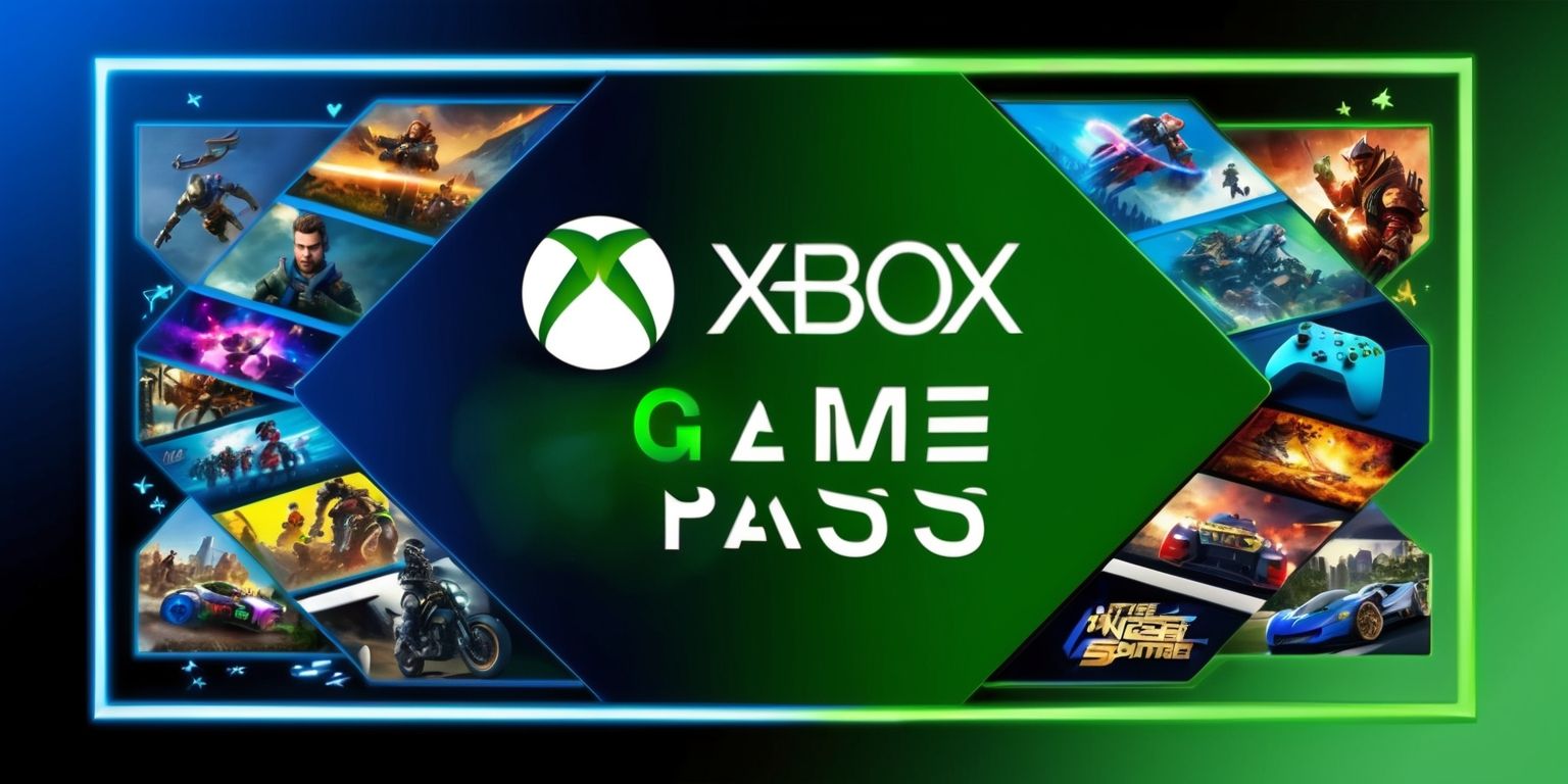 A vibrant digital illustration of the Xbox Game Pass subscription service logo, prominently featuring the Xbox brand name in a bold, green font with a stylized, white Xbox console icon integrated into the design, set against a V-shaped backdrop that fades from a deep blue at the top to a bright green at the bottom, with several popular Xbox games showcased in miniature, colorful tiles scattered throughout the background, including action-packed scenes from first-person shooters, fantasy role-playing games, and racing games, with subtle, glowing accents and a few gamified elements, such as stars, trophies, or controller buttons, incorporated into the layout to convey a sense of excitement and gaming community, all carefully framed within a sleek, modern border that resembles a high-definition television screen or a gaming monitor.