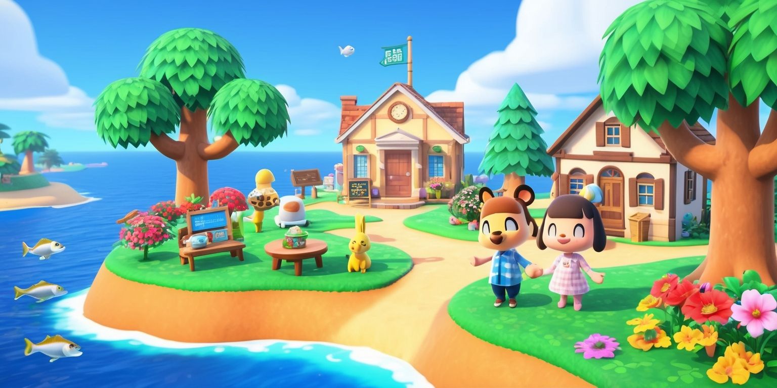 A vibrant and colorful digital illustration of the Animal Crossing: New Horizons game, featuring a picturesque island setting with lush green trees, flowering plants, and a clear blue sky, with a few adorable characters from the game, including Tom Nook and Isabelle, standing near a beautifully designed village, complete with a few homes, a shop, and a town hall, with a few outdoor furniture and decorations, and a few fish swimming in the nearby ocean, with a bright and warm lighting effect, and a lively and peaceful atmosphere, showcasing the game's unique and charming art style, with bold lines, soft textures, and a pastel color palette.