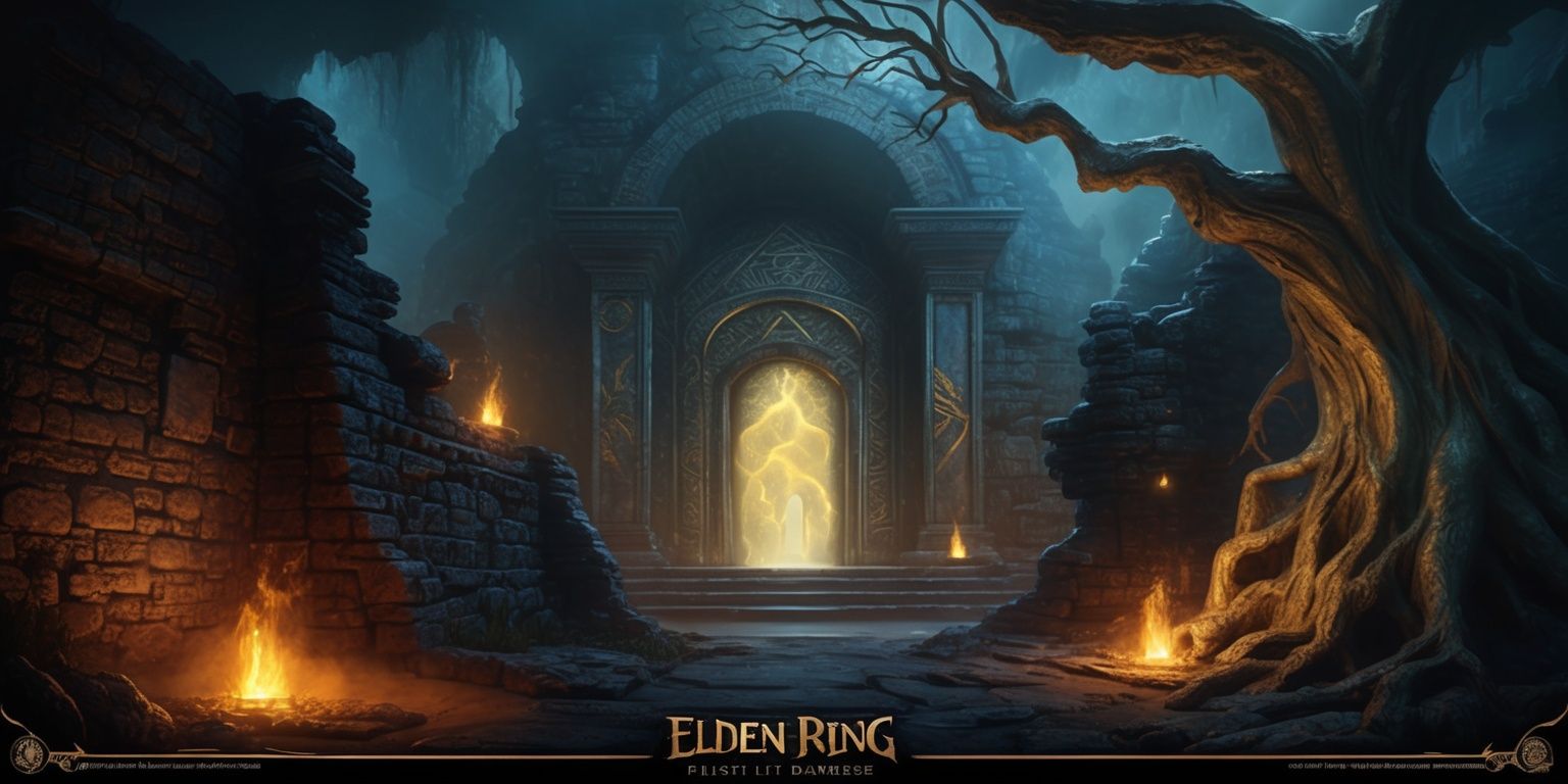 A dark, mystical dungeon from the Elden Ring universe, with crumbling stone walls, torches flickering on the ground, and a grand, ancient doorway in the background, adorned with intricate carvings and mysterious symbols, the air is thick with mist and an eerie, otherworldly glow emanates from the distance, with a sense of foreboding and adventure, set against a backdrop of dark blues and greys, with flashes of golden light, and a massive, ominous tree looming in the shadows, its branches twisted and gnarled, as if grasping for the last remnants of sunlight.