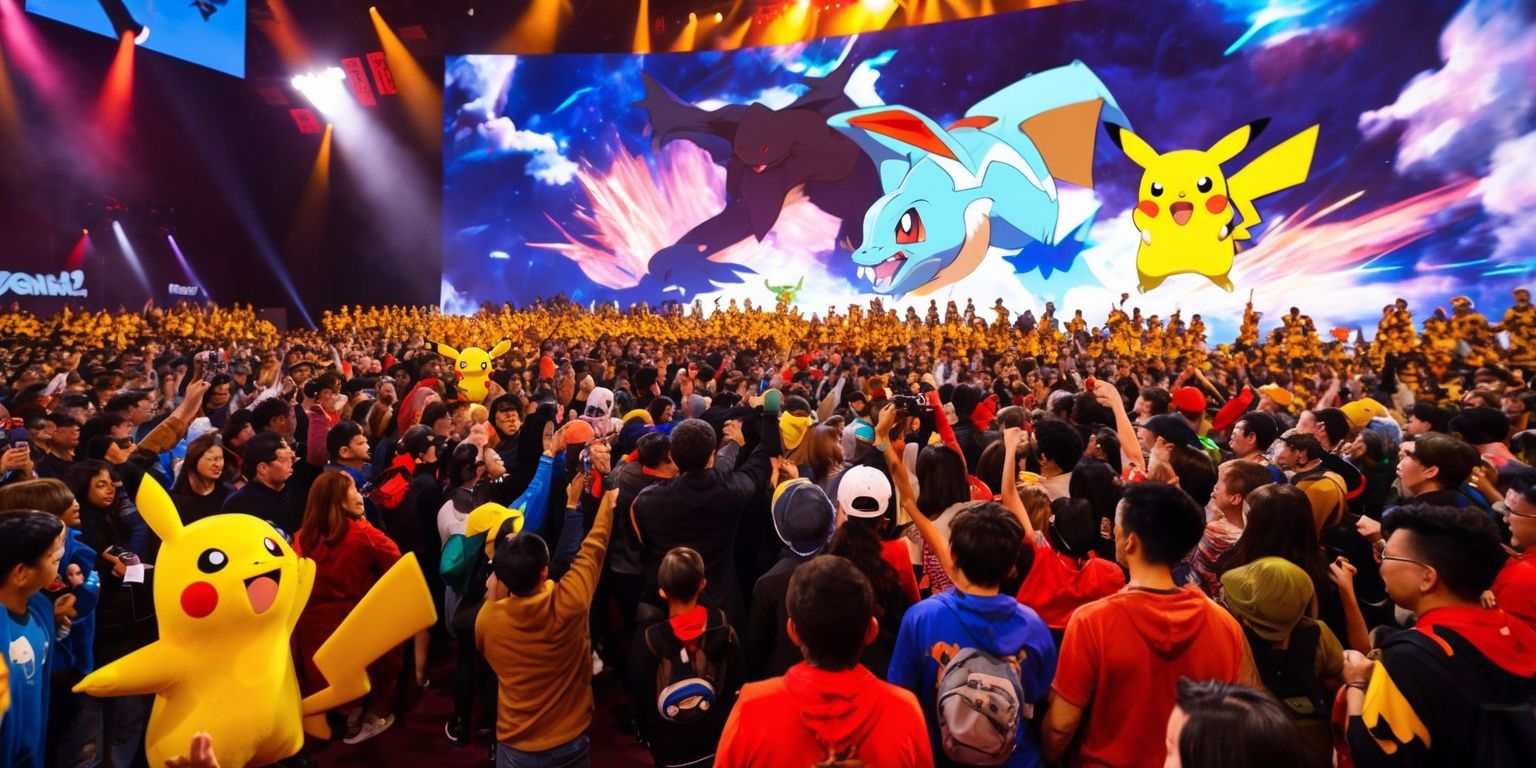A vibrant and dynamic scene of a Pokémon game event, with a large crowd of people from diverse backgrounds and age groups gathered around a massive screen displaying a Pokémon battle, the atmosphere is filled with excitement and anticipation, the lighting is bright and colorful with a mix of warm and cool tones, the screen showcases a detailed and animated Pokémon battle scene with popular Pokémon characters such as Pikachu and Charizard, the crowd is cheering and taking pictures, with some people wearing Pokémon-themed costumes and accessories, the overall mood is energetic and joyful, with a sense of community and shared passion for the Pokémon franchise.
