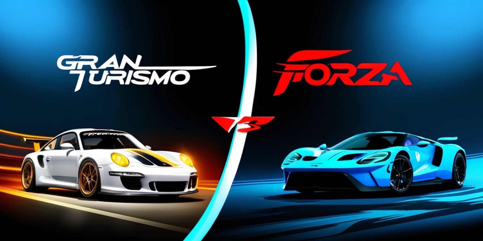 A dramatic, high-contrast illustration depicting a split-screen comparison of Gran Turismo and Forza, two renowned racing game franchises, set against a dark, gradient blue background evoking a sense of speed and competition. On the left side, a sleek, silver Gran Turismo logo with bold, modernist typography, accompanied by a stylized image of a Porsche 911 GT2, its curves and lines accentuated by warm, golden lighting. On the right side, a strong, red Forza logo with rugged, industrial typography, paired with a dynamic image of a Ford GT, its aggressive stance and sharp angles highlighted by cool, blue-ish tones. In the center, a stylized, curved line separates the two, forming a sense of tension and rivalry, while subtle, gradient effects and clever composition create a sense of movement and energy.