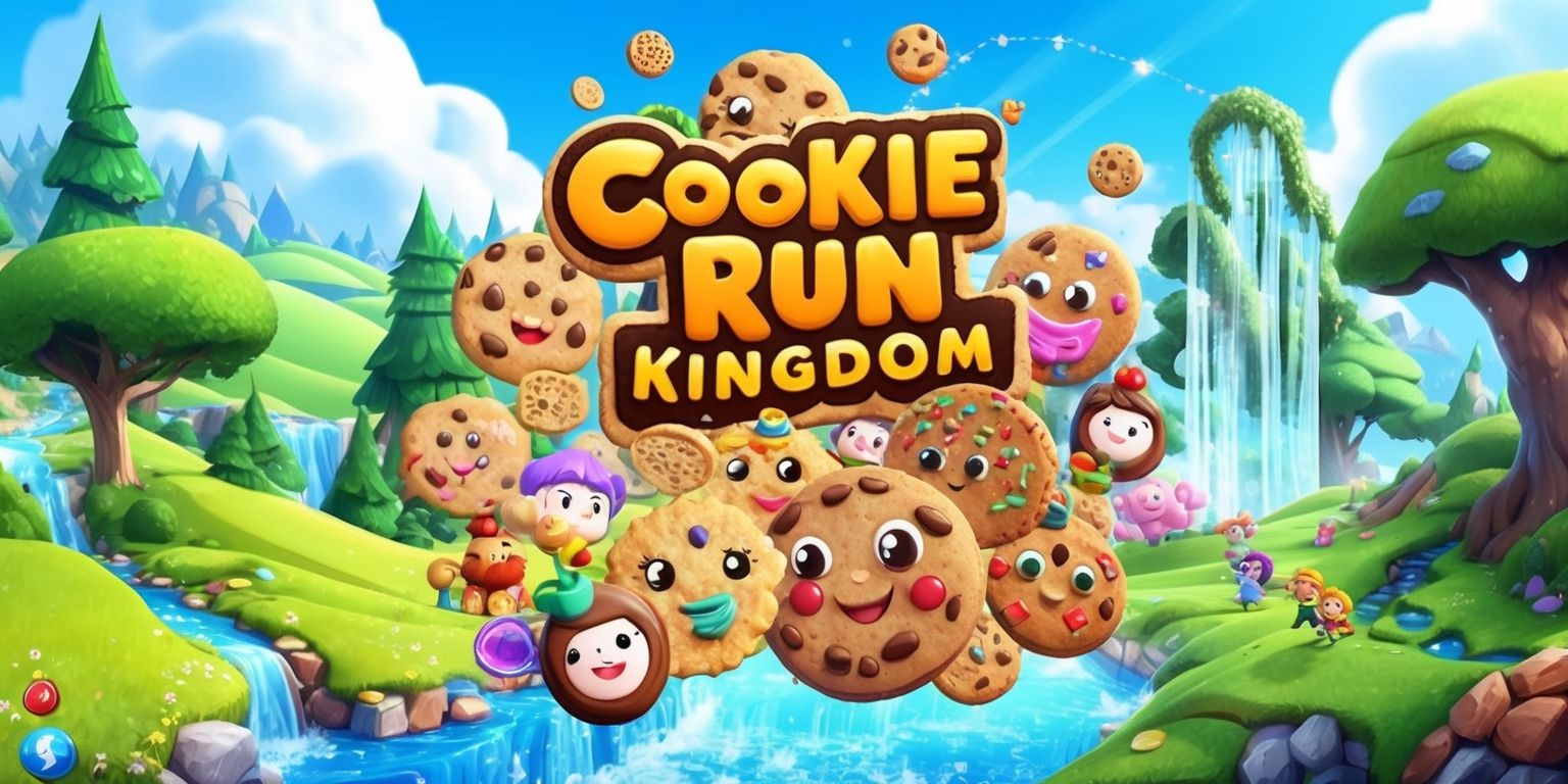 A vibrant and colorful digital illustration of the Cookie Run Kingdom game, featuring a variety of adorable cookies with distinct facial expressions and accessories, set against a lush fantasy landscape with rolling hills, towering trees, and sparkling waterfalls, with a bright blue sky and fluffy white clouds in the background, and incorporating elements of the game's logo and user interface, including bold typography and iconic symbols, with a mix of soft and vibrant colors, and a dynamic composition that showcases the game's whimsical and playful atmosphere.