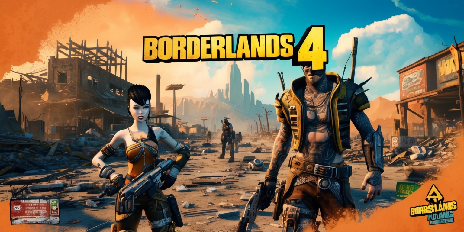 A futuristic sci-fi video game scene from Borderlands 4, featuring a gritty, post-apocalyptic landscape with ruined buildings and debris-filled streets, set against a vibrant, dusty orange and blue sky with ominous clouds, in the foreground a few characters with unique facial features and skin colors, such as a pale-skinned woman with short, spiky black hair and a tattooed, dark-skinned man with a rugged beard, both wearing eclectic, heavily armored outfits and holding futuristic guns, with various logos and text elements, including the Borderlands 4 game title in bold, metallic letters and a few neon-lit advertisements and warning signs scattered around, all blended together in a dynamic, action-packed composition with a mix of digital painting and 3D rendering styles.