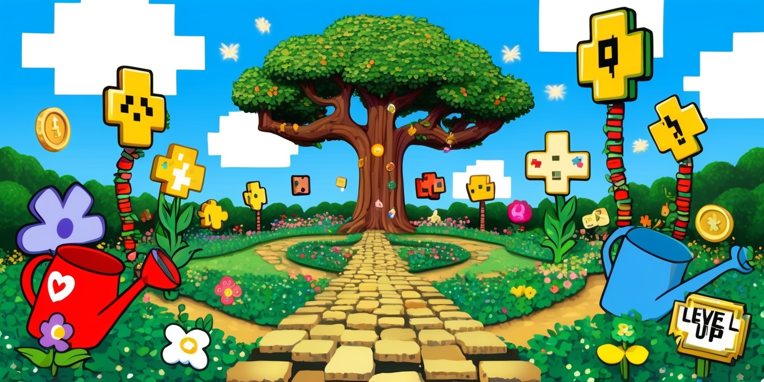 A whimsical illustration of a fantasy garden, set against a bright blue sky with puffy white clouds, where flowers, trees, and vines are shaped like various game icons, such as coins, power-ups, and puzzle pieces. The garden's central path is made of pixelated stone, winding through lush greenery and colorful blooms. A majestic tree in the background has a trunk resembling a game controller, its branches stretching out like outstretched arms, surrounded by sparkling fireflies. In the foreground, a few playful, cartoon-style gardening tools lie nearby, including a watering can adorned with a heart symbol and a shovel with a badge that reads Level Up! The overall style is vibrant, nostalgic, and reminiscent of classic video games, with bold lines, soft textures, and intricate details that invite exploration and discovery.