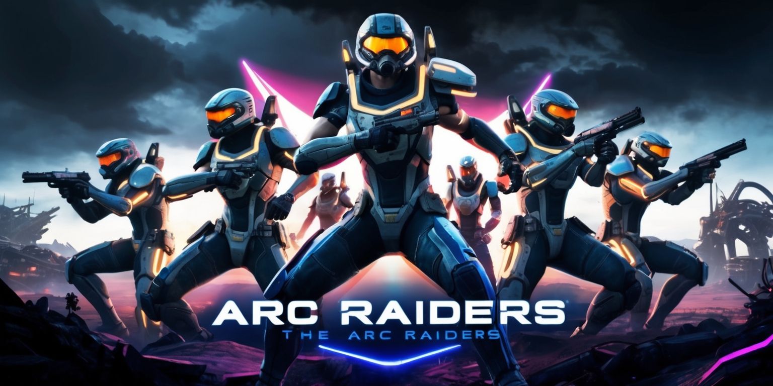 A futuristic sci-fi scene depicting a group of Arc Raiders from the game, with a focus on their sleek and high-tech exosuits, set against a backdrop of a ravaged post-apocalyptic landscape with a dark and ominous sky, the characters are positioned in a dynamic pose, with vibrant colors and neon accents highlighting their suits and the surrounding environment, the overall style is reminiscent of a concept art piece with bold lines and intricate details, the facial features of the characters are determined and strong, with a mix of skin colors and unique attributes such as scars and tattoos, the Arc Raiders logo is prominently displayed on their suits in a bold, metallic font with a silver and blue color scheme.