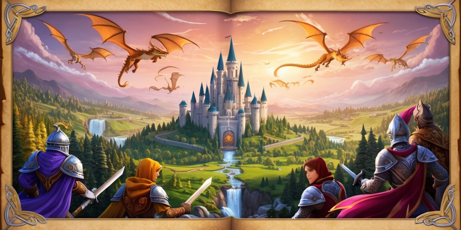 A majestic, sprawling landscape of the Legend of Kingdoms game, set against a warm, sunset-inspired sky with hues of orange, pink, and purple, featuring a regal, shimmering castle at its center, surrounded by lush, vibrant forests, rolling hills, and sparkling waterfalls, with wispy, feathery clouds drifting lazily across the horizon, while a fleet of majestic, golden-winged dragons soar through the sky, their scales glinting in the fading light, as brave, armored knights and cunning, agile rogues move stealthily through the shadows, their faces set with determination, their skin tones ranging from porcelain-like complexions to warm, golden brown, with intricate, Celtic-inspired armor and regalia adorned with gleaming, silver accents and colorful, flowing capes, all set amidst a subtle, parchment-like texture, evoking the sense of an ancient, revered tome.