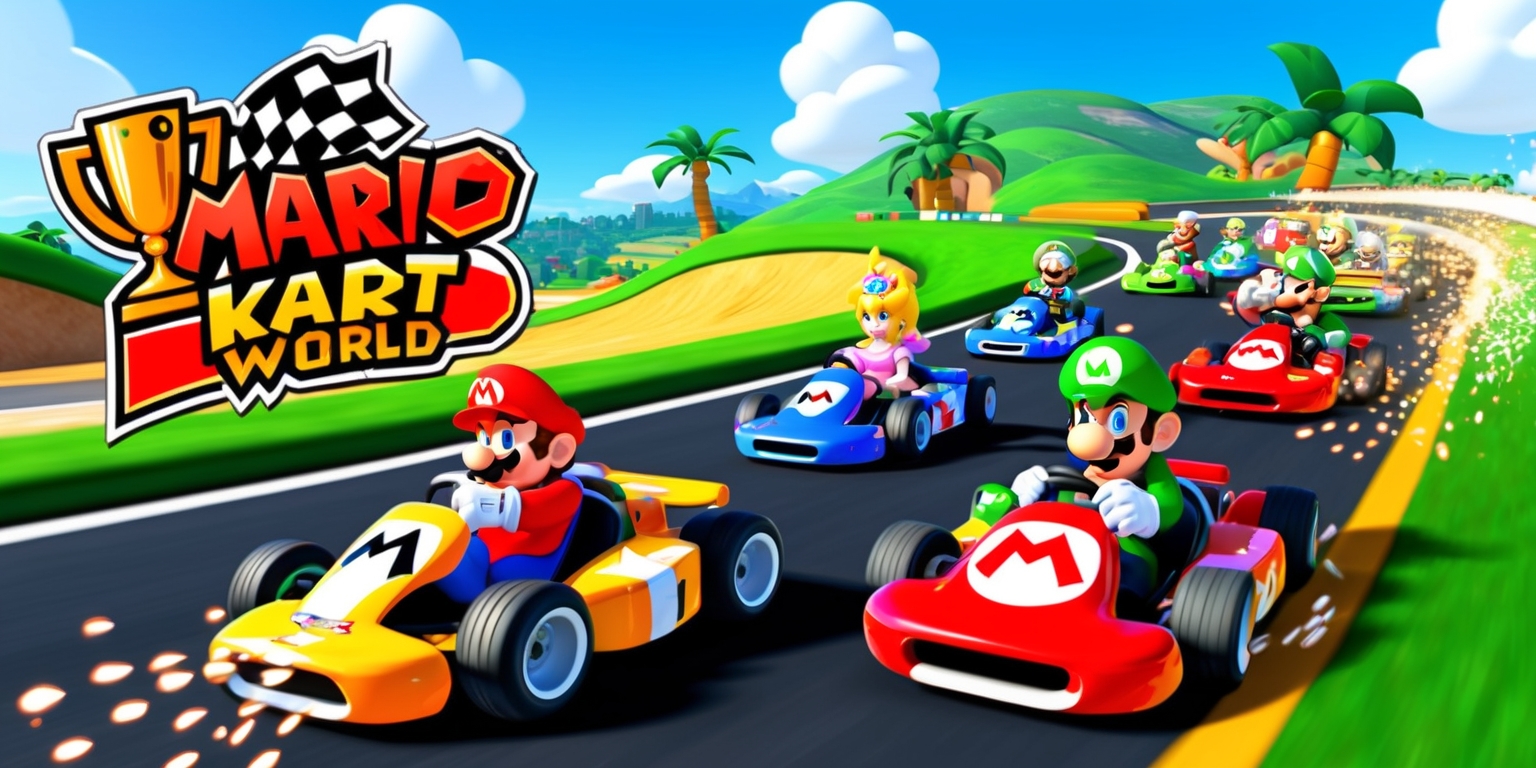 A vibrant and colorful illustration of the Mario Kart World game, featuring a scenic landscape with rolling hills, palm trees, and a bright blue sky with fluffy white clouds, set against a warm sunny afternoon atmosphere. In the foreground, a group of karts driven by popular Mario characters, such as Mario, Luigi, Princess Peach, and Toad, zoom past each other on a winding track, leaving trails of sparks and smoke behind them. The karts are designed in their respective iconic colors and styles, with intricate details and textures. The Mario Kart logo, a stylized golden trophy with a red M and a checkered flag, is prominently displayed in the top-left corner of the image, with bold, curved fonts and bright, poppy colors. The overall style is playful, dynamic, and energetic, capturing the excitement and joy of the beloved racing game.