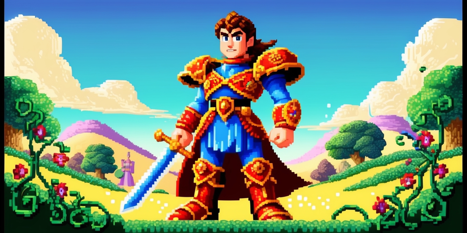 A vibrant, nostalgia-tinged illustration of a fantastical world, blending the whimsy of Disney with the retro charm of 8-bit pixel art, as if a classic RPG game from the 90s had been reborn with magical Disney flair. The scene is set against a warm, gradient blue sky with puffy white clouds, with rolling hills and towering trees that evoke a sense of wonder and adventure. In the foreground, a heroic character, possibly a prince or princess, stands proudly, adorned with colorful, intricately detailed armor and a sword at their side, their facial features defined by bright, expressive eyes and a determined expression. The Disney-inspired character is surrounded by lush greenery, with vines and flowers curling around their legs, and a subtle, shimmering aura that hints at their magical abilities. The entire scene is constructed from tiny, expressive pixels, with a mix of bold, bright colors and softer, pastel hues that evoke a sense of enchantment and possibility.