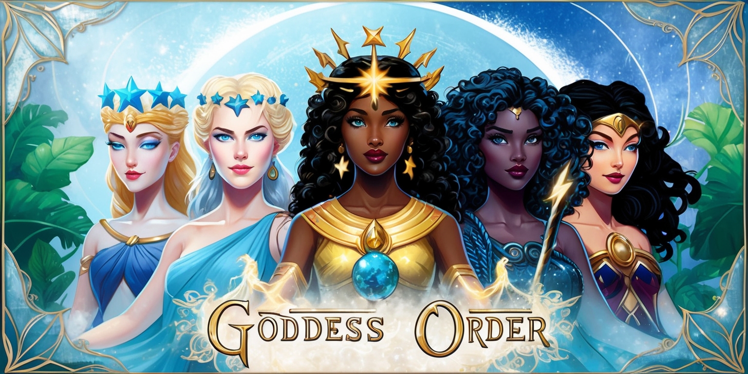 A mystical digital illustration of a Goddess Order game, set against a backdrop of celestial bodies and lush greenery, with a dominant color scheme of soothing blues and whites, featuring a group of powerful goddesses from various mythologies, each with unique facial features, skin colors, and attributes, such as a tall, blonde-haired goddess with blue eyes and a crown of stars, standing alongside a darker-skinned goddess with curly black hair and a staff of lightning, surrounded by subtle, shimmering textures and intricate patterns, with a layout that balances fantasy and elegance, and framed by a delicate, ornate border, incorporating stylized text in a elegant, cursive font, with the words Goddess Order written in bold, golden letters at the top.