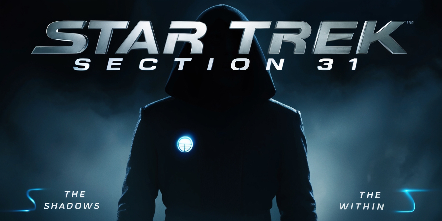 A dark and moody cinematic poster for a Star Trek: Section 31 movie, featuring a mysterious, heavily shadowed figure in the foreground, possibly with a faintly lit badge or insignia on their chest, set against a deep space background with a subtle, misty atmosphere, evoking a sense of secrecy and intrigue, with the title Star Trek: Section 31 emblazoned across the top in bold, metallic silver lettering with a futuristic, high-tech feel, while the tagline The Shadows Within is written in smaller, curved text at the bottom of the image, in a dark, cool blue color that hints at the unknown, with subtle, eerie lighting and an overall sense of foreboding.