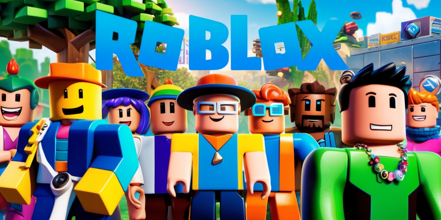 A vibrant digital artwork depicting a Roblox game scene, featuring stylized 3D characters with bold lines and bright colors, set against a dynamic background with a mix of natural and urban elements, including trees, buildings, and power-ups, with a diverse group of characters showcasing various facial expressions, skin tones, and unique accessories, such as hats, glasses, and jewelry, with a focus on capturing the game's energetic and playful atmosphere, and incorporating the Roblox logo prominently in a modern, sans-serif font with a bold, blue color scheme.