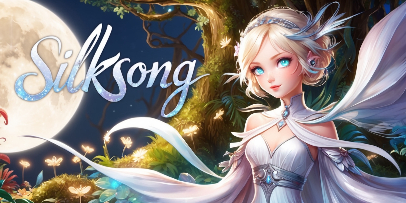 A vibrant illustration of the protagonist from the Silksong game, set against a lush, moonlit forest backdrop with intricate details and textures, featuring a mix of warm and cool colors, with the character's delicate facial features, pale skin, and striking blue eyes, adorned in a flowing white and silver outfit, surrounded by firefly-like creatures and subtle, glowing flora, with a whimsical, dreamlike quality to the scene, and a sense of movement and energy, as if the character is about to take flight, with the game's title Silksong written in elegant, cursive script at the top of the image in a soft, shimmering silver font.