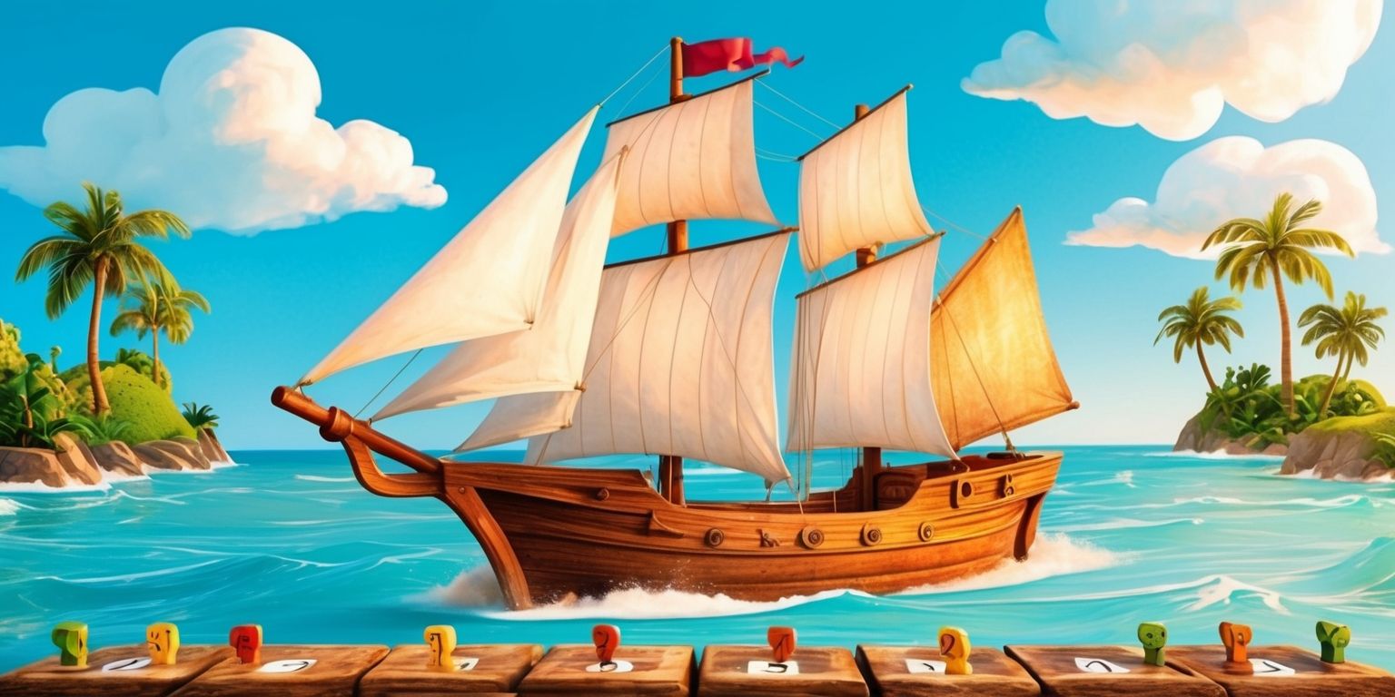A vibrant illustration of a Sail Your Boat game, featuring a large wooden sailing boat with billowing white sails, set against a bright blue sky with puffy white clouds, on a serene light blue ocean with gentle waves, surrounded by lush green islands with tall palm trees, the boat has a sturdy brown mast and a faded red flag waving at the top, the game board is made of worn wooden planks with intricate carvings of sea creatures, the sailboat is positioned at the center of the board, with numbered spaces and colorful game pieces scattered around, the overall atmosphere is peaceful and inviting, with warm golden lighting casting a glow on the entire scene.