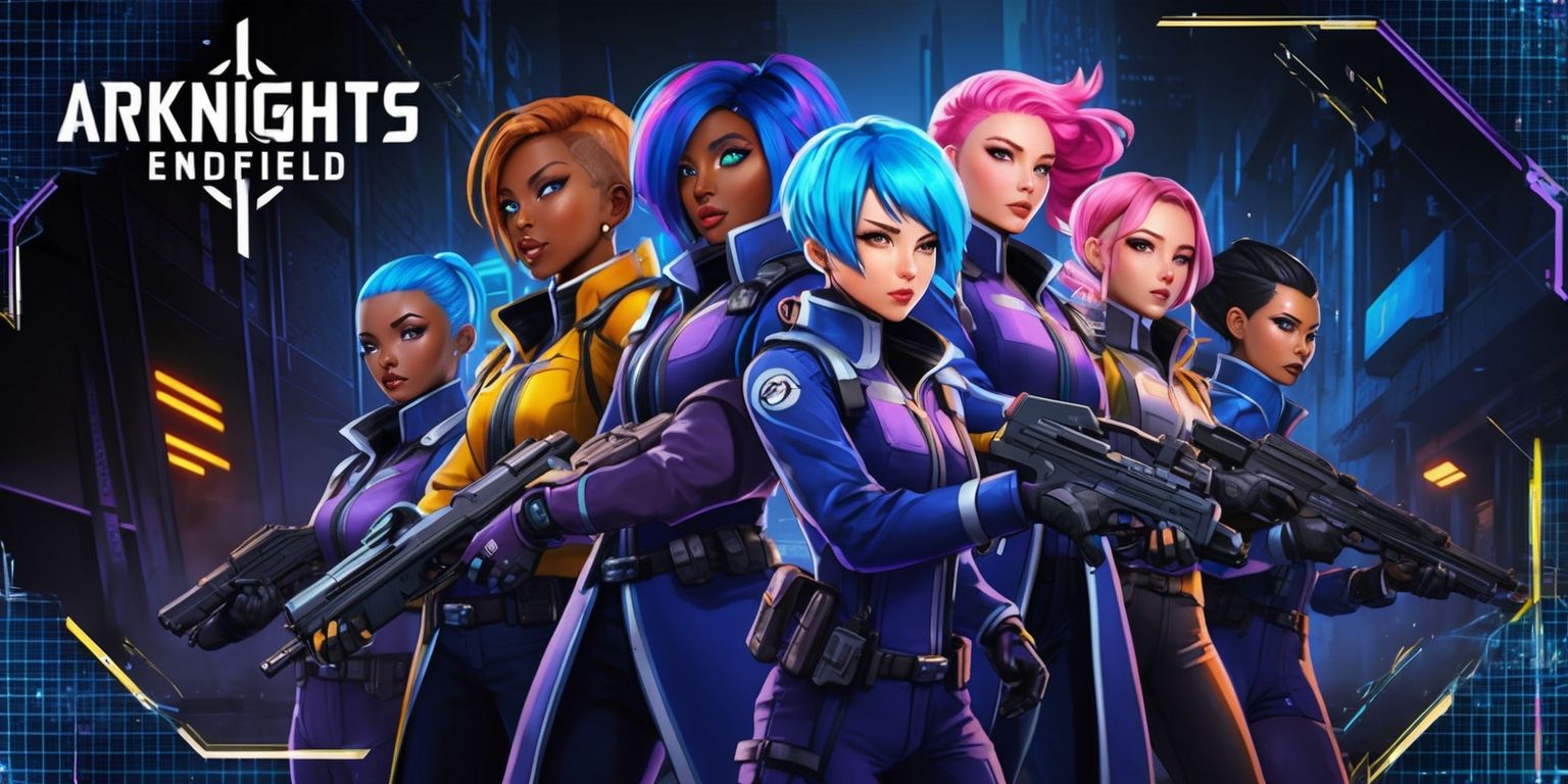 A futuristic sci-fi themed illustration of the tactical mobile game Arknights Endfield, featuring a group of operators with diverse skin colors and unique facial features, including vibrant blue and pink hair, standing together in a dramatic pose, set against a dark and gritty urban backdrop with neon lights and metallic accents, the color palette is a mix of deep blues and purples, with accents of bright orange and yellow, the overall style is reminiscent of anime and manga, with bold lines and dynamic compositions, the operators are dressed in sleek and futuristic attire, with intricate details and accessories, such as goggles and combat gear, the scene is framed by a subtle grid pattern, with a hint of digital distortion and glitch effects, the Arknights logo is prominently displayed in the top left corner, in a bold and futuristic font, with a metallic silver color.