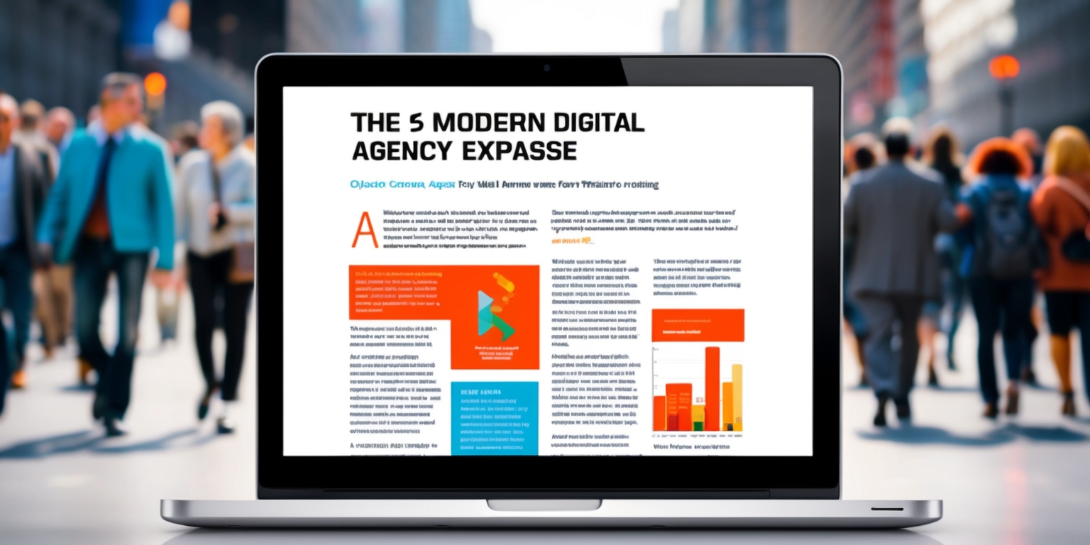 A modern digital agency exposé article on a sleek computer screen with a bold headline in a clean sans-serif font, the background is a blurred image of a bustling city with people of diverse skin colors and ages walking in all directions, the agency's logo is prominently displayed in a bright and vibrant color scheme, the text is well-organized with clear headings and concise paragraphs, a few infographics and charts are scattered throughout the article to illustrate key points, the color palette is a mix of calming blues and energetic oranges, the overall aesthetic is professional and informative, with a focus on highlighting the agency's innovative approach to digital marketing.