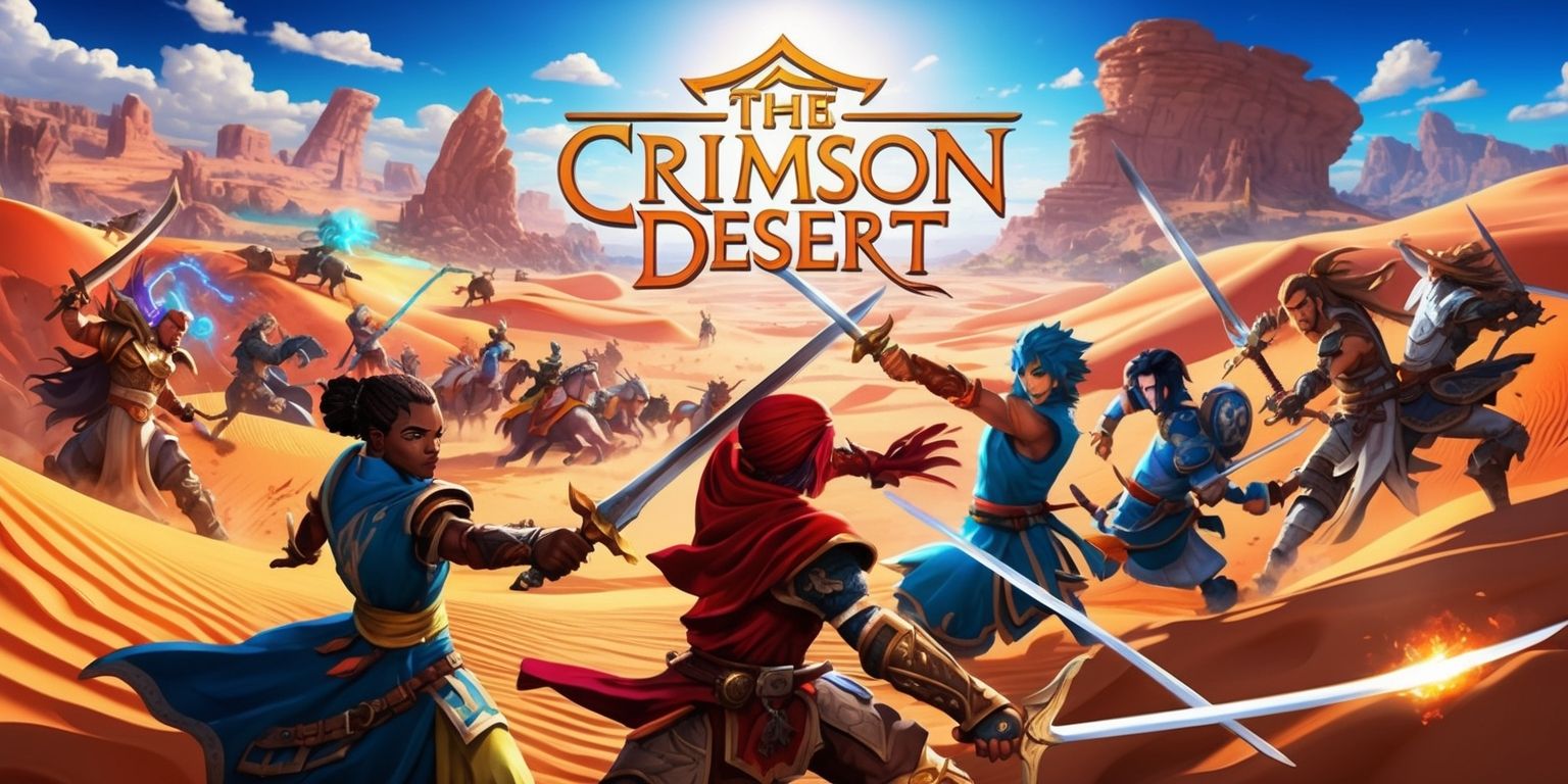 A vibrant, action-packed scene from the Crimson Desert game, set in a vast, open-world environment with intricate details, featuring a diverse cast of characters with unique facial features, varied skin tones, and distinctive attire, surrounded by a richly colored landscape with swirling sand dunes, majestic rock formations, and a deep blue sky with a few scattered clouds, the characters are engaged in an intense battle, with swords clashing, and magical abilities on full display, the style is highly stylized, with bold lines, and dynamic lighting, the layout is cinematic, with a wide-angle shot, capturing the grandeur of the scene, and the framing is tight, drawing the viewer's attention to the heart of the action, with the game's logo prominently displayed in a bold, golden font, with a subtle, gradient effect.