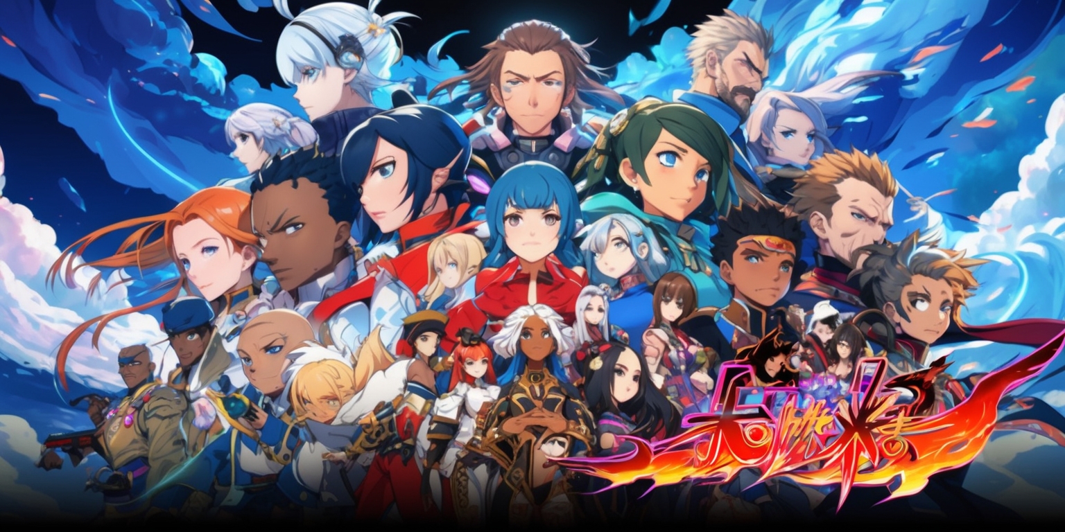 A vibrant anime-inspired video game scene with detailed cartoon characters and environments, set against a dynamic backdrop of swirling clouds and misty mountains, incorporating a variety of bold colors such as deep blues and fiery oranges, with sleek lines and futuristic elements, and featuring a mix of action-packed and emotionally charged moments, showcasing a cast of characters with diverse facial features, skin tones, and unique attributes, including intricate costumes and accessories, with the game's title and logo prominently displayed in a stylized, neon-lit font, blending Eastern and Western aesthetic influences, with a focus on dramatic lighting and shading, and a sense of movement and energy.