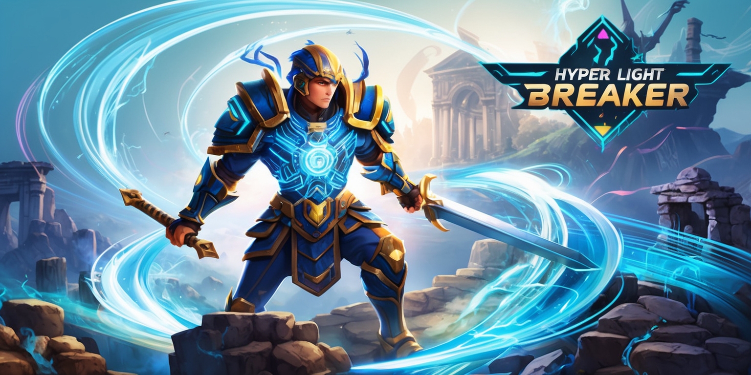 A vibrant, action-packed illustration of the Hyper Light Breaker game, set in a mystical, ancient world with ruins and mysterious landscapes, featuring a powerful, armored protagonist with glowing blue circuits and a sword, standing heroically in the foreground, surrounded by swirling, shimmering lights and magical auras, with a subtle, gradient-blue background that evokes a sense of wonder and adventure, incorporating elements of ancient technology, mysticism, and fantasy, with bold, dynamic lines, and rich, saturated colors that bring the game's world to life.