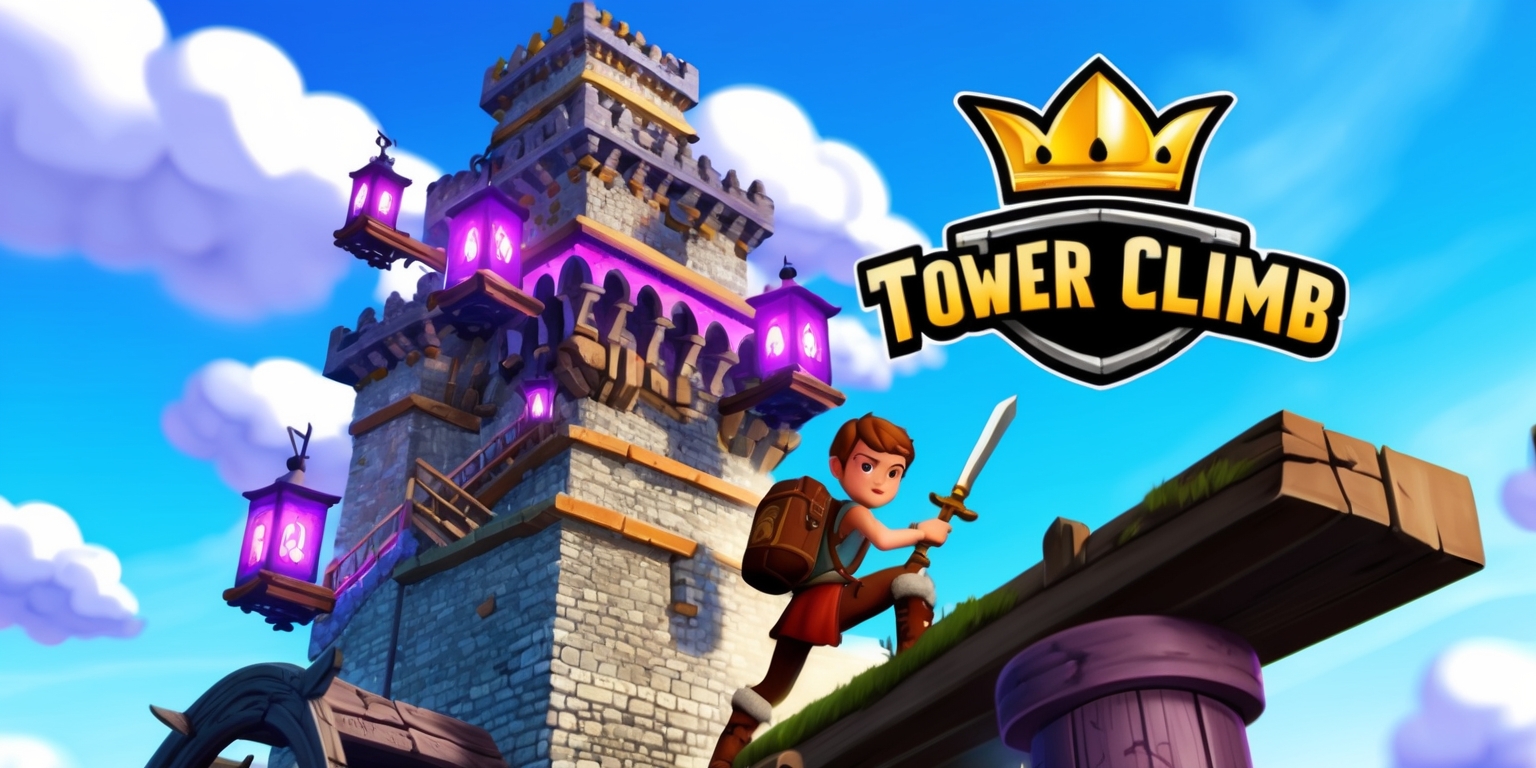 A colorful digital illustration of the Tower Climb game, featuring a tall, intricate, and ancient tower with multiple levels and stairs, set against a bright blue sky with fluffy white clouds, the tower's architecture is a mix of medieval and mystical elements, with stone walls, wooden bridges, and glowing purple lanterns, a brave adventurer with a determined facial expression, short brown hair, and fair skin, wearing a pair of worn-out brown boots, and carrying a backpack and a wooden sword, is seen climbing the tower, with a few obstacles like broken stairs, spiky traps, and mysterious locks, the game's logo, a stylized golden crown with a bold, modern font, is prominently displayed at the top of the image, with the game's title written in a curved line above the tower, in a bold, adventurous font, with the words Tower Climb in shiny silver color.