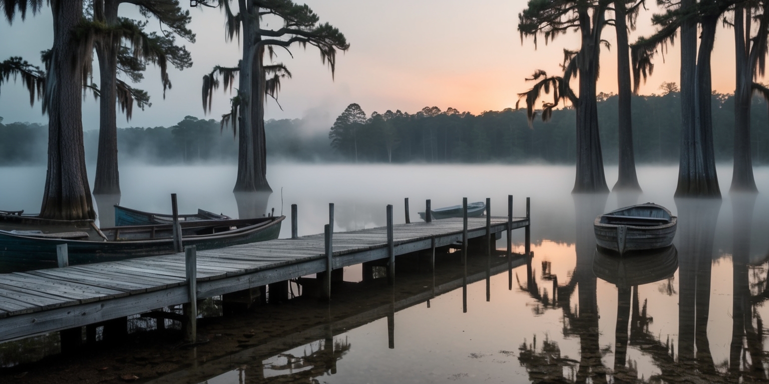 A serene and mystical movie-themed landscape set on the shores of Caddo Lake at dawn, with the misty fog rolling in over the cypress trees, their knotted branches like nature's own cathedral, reflected perfectly in the still waters. A vintage wooden dock stretches out into the lake, weathered to a warm grey, with a few old fishing boats moored alongside, their faded paint jobs telling stories of years gone by. In the distance, the hint of a misty sunrise peeks above the treeline, casting a warm golden light across the scene. The atmosphere is peaceful, with a touch of nostalgia, inviting the viewer to step into the tranquil world of a bygone era.