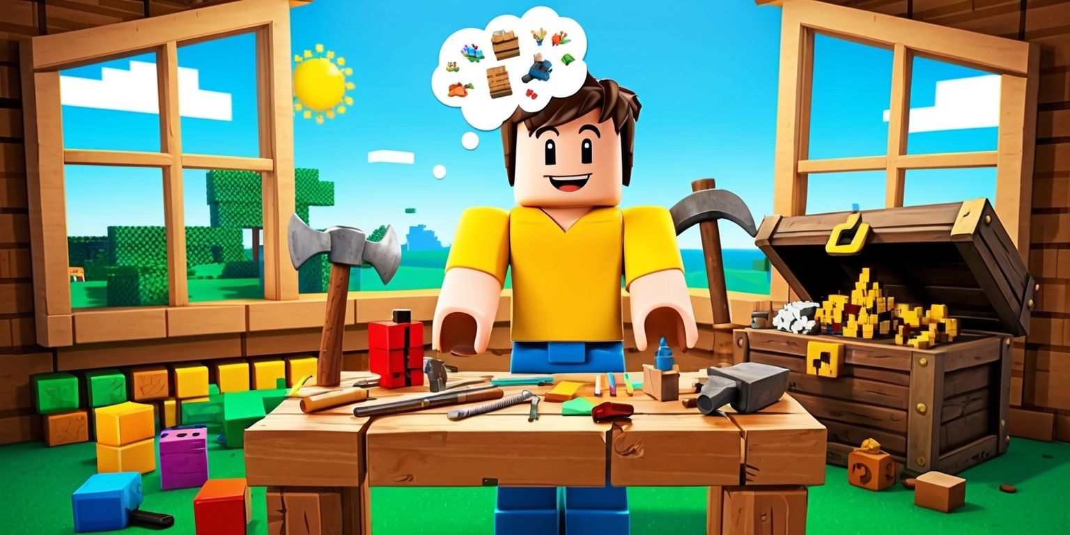 A vibrant digital illustration of a Roblox character standing in front of a wooden crafting table, surrounded by various colorful blocks, tools, and materials, with a large window in the background showing a sunny pixelated landscape, the character has a bright smile and eager eyes, wearing a yellow shirt and blue pants, with a thought bubble above their head filled with creative ideas, the crafting table is cluttered with hammers, axes, and other utensils, and a large chest filled with treasures and resources is placed beside it, the overall style is reminiscent of Roblox's signature blocky and playful aesthetic, with bold lines, sharp angles, and a mix of bright and pastel colors, the atmosphere is lively and inspiring, inviting the viewer to join the creative fun.