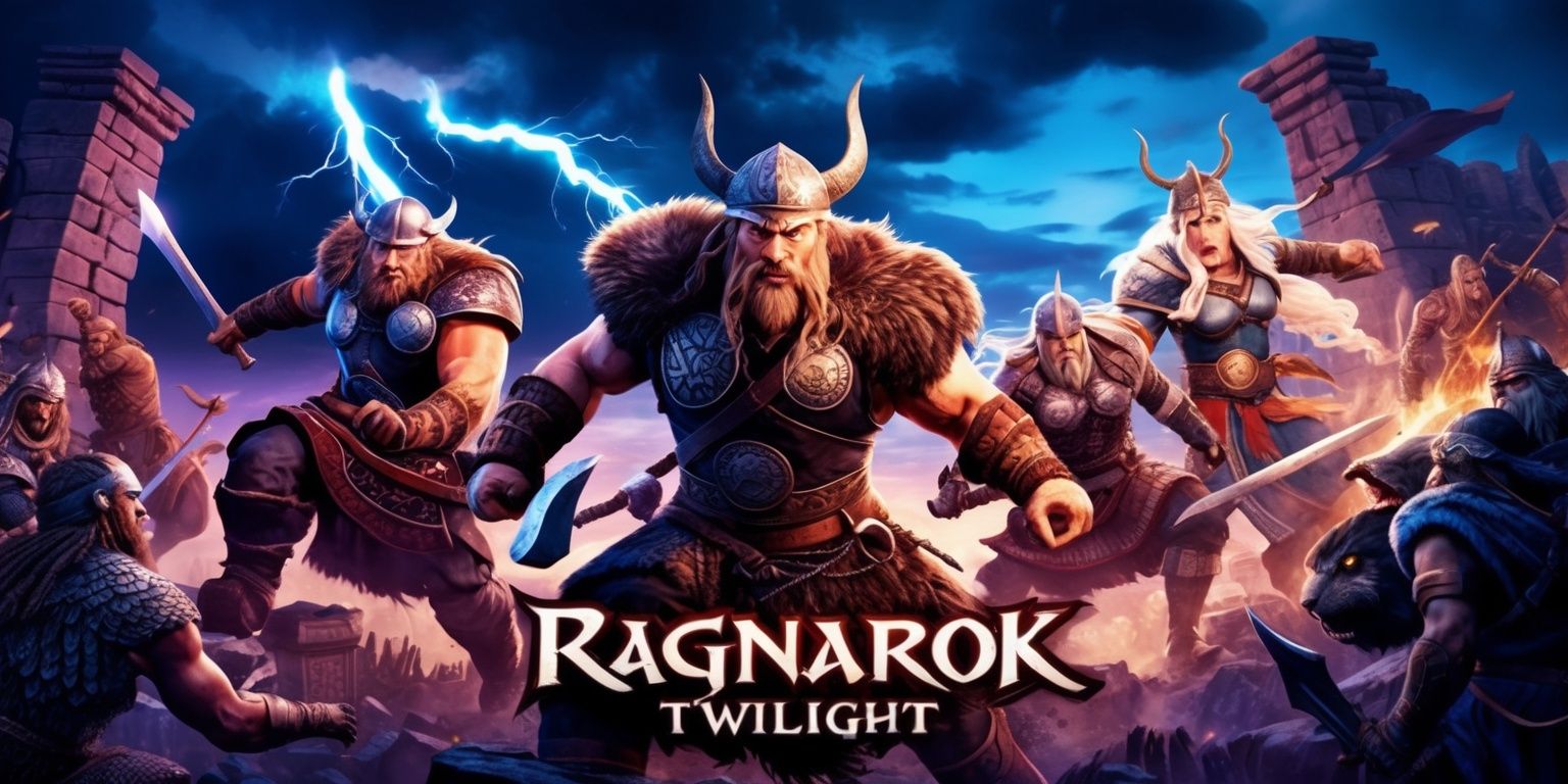 A dramatic scene from the Ragnarok Twilight game set in a mystical realm with a dark fantasy atmosphere, featuring bold Viking-inspired characters with intricate armor, intense facial expressions, and supernatural abilities, set against a backdrop of a twilight sky with hues of deep blues and purples, and illuminated by flashes of lightning, with Norse gods and goddesses battling mythical creatures amidst ancient ruins, the characters' skin tones ranging from fair to ruggedly tanned, with detailed textures and patterns on their clothing and armor, the overall style reminiscent of a gritty comic book illustration with dynamic compositions and dramatic lighting.
