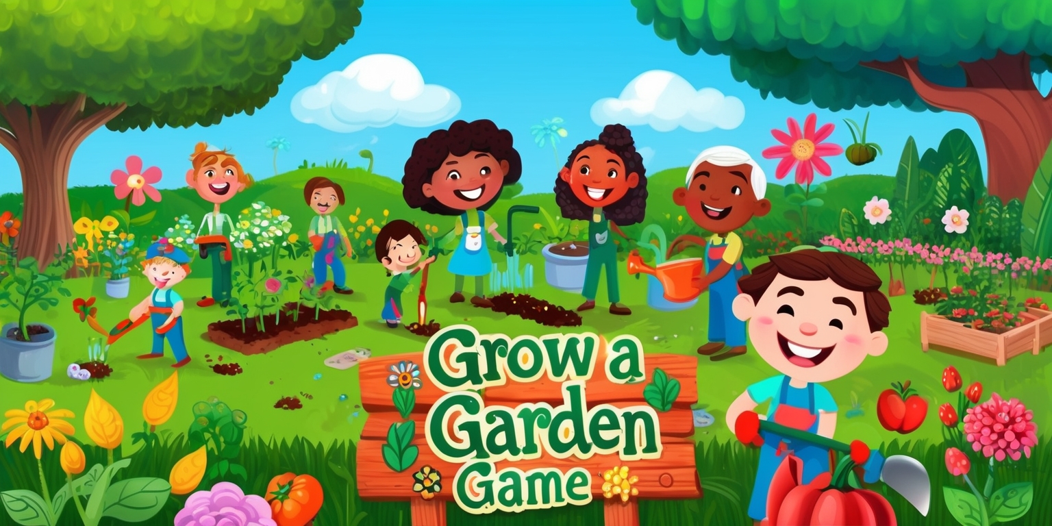 A vibrant and colorful digital illustration of a whimsical garden scene, with lush green grass, blooming flowers of various shapes and colors, and towering trees, set against a bright blue sky with fluffy white clouds, in the center of the garden, a few people of different ages, skin tones, and facial features, with big smiles, are engaged in various gardening activities, such as planting seeds, watering plants, and harvesting fruits and vegetables, with gardening tools and equipment scattered around them, in the foreground, a wooden sign with the words Grow a Garden game written in bold, curly, green letters, with the words surrounded by intricate floral patterns and leaves, the overall style is playful, dreamy, and inviting, with a sense of joy and community.