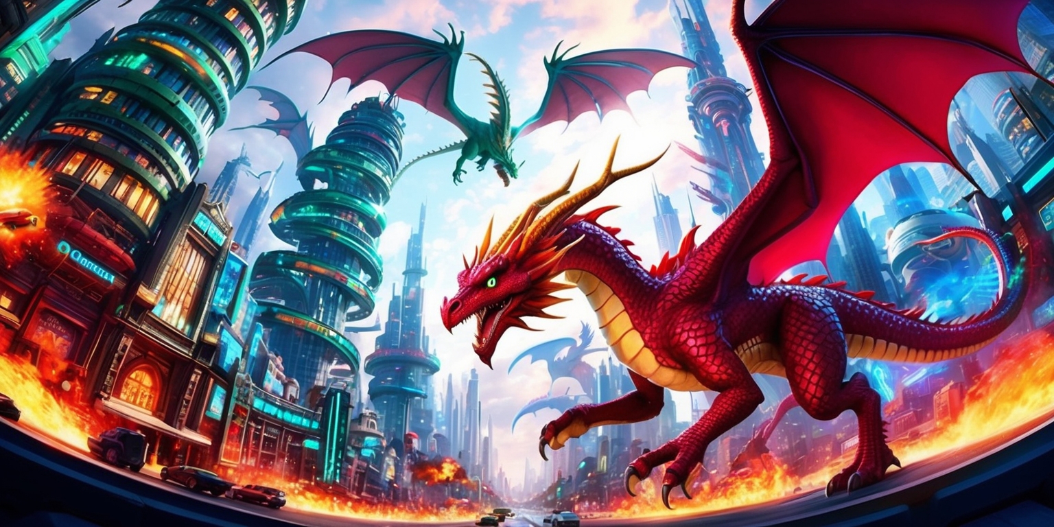 A vibrant, futuristic cityscape inspired by the Dragon City game, with intricate, winding skyscrapers, and majestic, fire-breathing dragons soaring through the skies, their scales glistening in shades of emerald green, sapphire blue, and ruby red. The city's buildings and streets are adorned with glowing, neon-lit accents, pulsating with an otherworldly energy. In the foreground, a regal, crimson-scaled dragon, with piercing golden eyes and outstretched wings, dominates the scene, as if protecting its urban domain. The atmosphere is bustling, with fiery explosions and wispy smoke trails scattered throughout the metropolis. The style is reminiscent of a fantasy concept art, with bold lines, dynamic composition, and a palette that shifts between warm, fiery hues and cool, electric blues.
