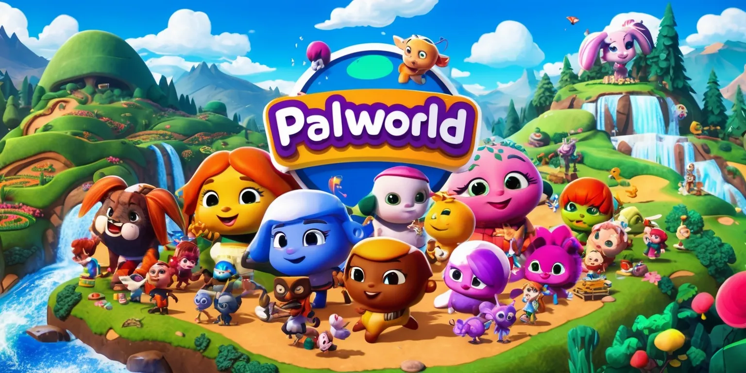 A vibrant and colorful digital illustration of the Palworld game, featuring a diverse group of Pals, each with unique facial features and skin colors, set against a stunning backdrop of rolling hills, lush forests, and sparkling waterfalls, with a clear blue sky and fluffy white clouds, incorporating a mix of realistic and fantastical elements, and showcasing the game's distinctive art style, which blends cute and playful characters with intricate details and textures, with the Pals engaged in various activities, such as exploring, playing, and interacting with each other, and the overall scene exuding a sense of joy, wonder, and adventure, with bold lines, bright colors, and a dynamic composition that draws the viewer's eye to the center of the image.